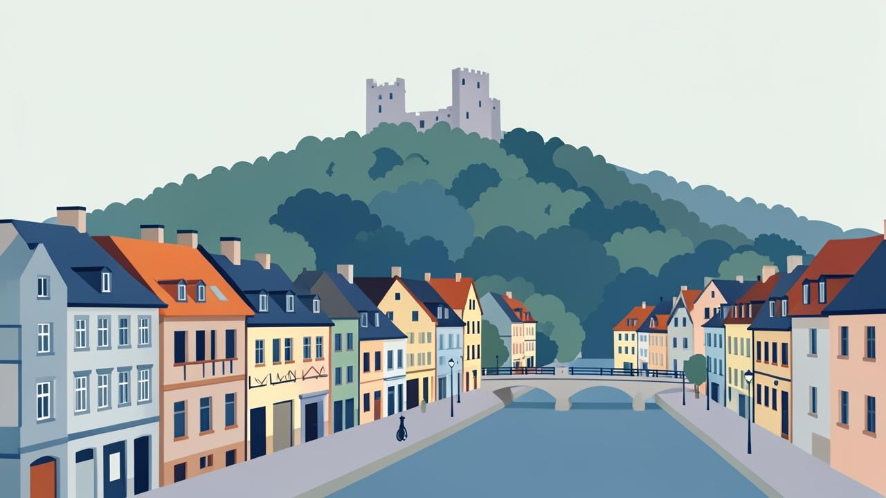 Stadtansicht von Heidelberg und Mannheim am Neckarufer