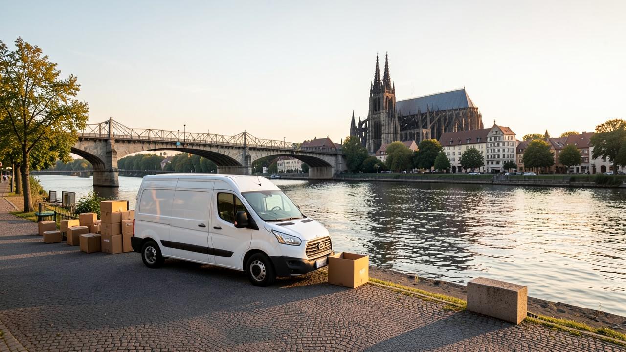 Umzugswagen am Rheinufer in Worms mit Blick auf die Altstadt